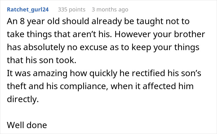 Reddit comment discussing teaching kids not to take things and a brother's response to a theft incident.