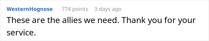 Comment supporting bar customers against homophobic jerks, reads "These are the allies we need. Thank you for your service.