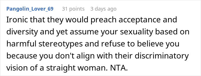 Reddit comment discussing assumptions and stereotypes about a woman's sexuality.