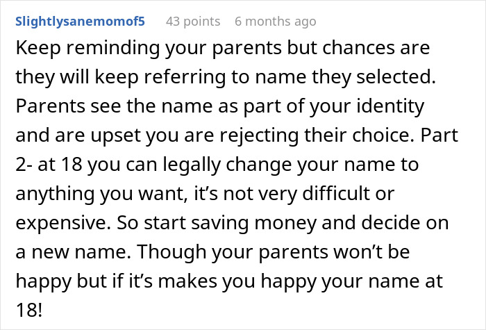 Comment advising on dealing with parental choice of name from the Bible, discussing legal name change at 18.