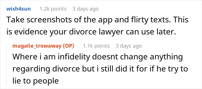 Reddit comments discussing infidelity and evidence for a divorce lawyer.