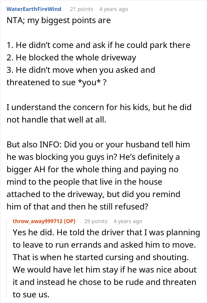 Reddit discussion about police intervention due to a car blocking a neighbor's driveway.