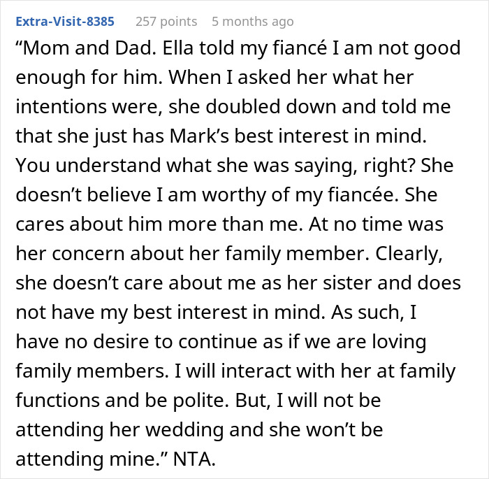 Reddit text post discussing a sister trying to convince her sister’s fiancé to end their engagement.