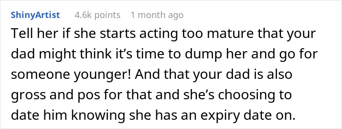 Comment discussing a dad's relationship with a younger girlfriend, suggesting future breakup for someone younger.