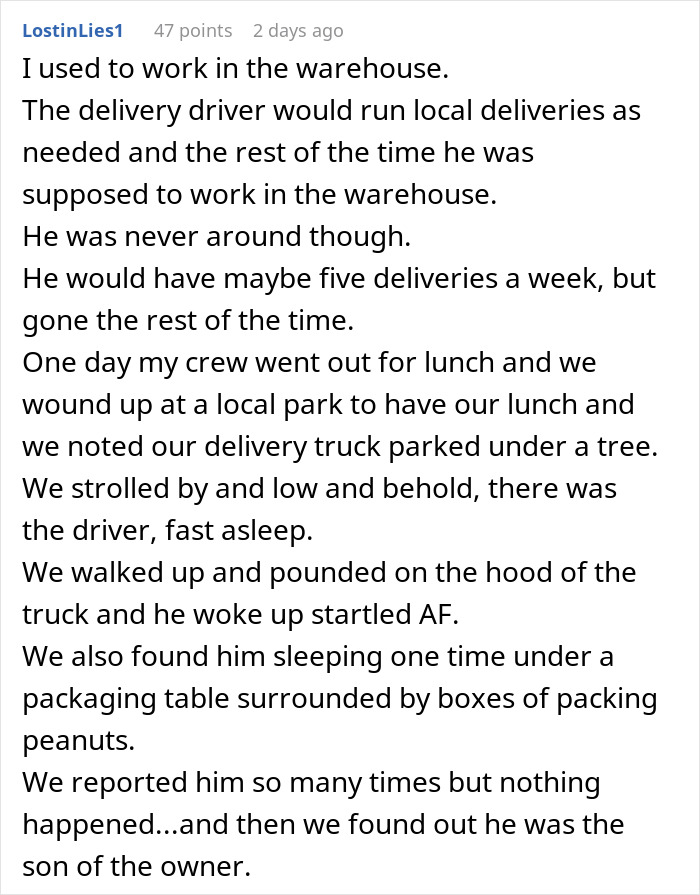 Text recounting a story about a warehouse worker dealing with a lazy delivery driver later revealed to be the owner's son.