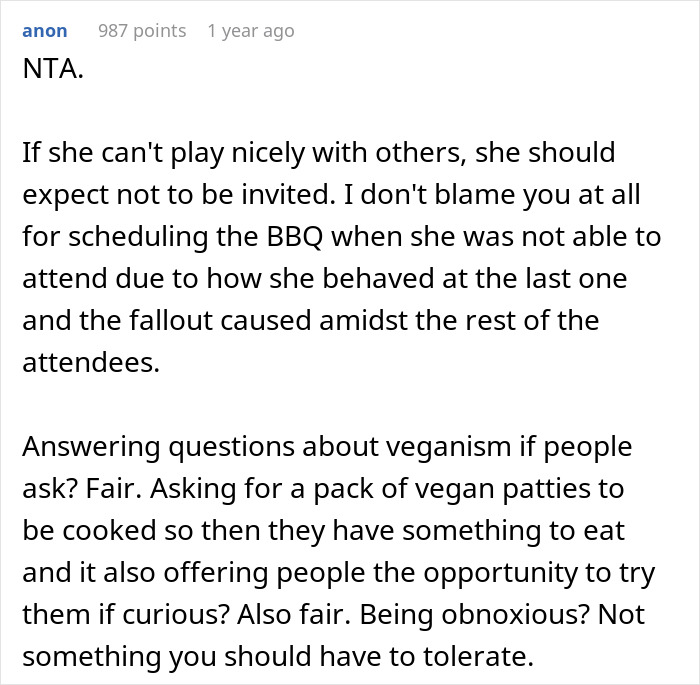 Reddit comment discussing a vegan's behavior at a family BBQ, highlighting tolerance issues.