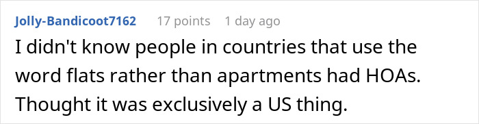 Comment about HOA presence outside the US, questioning its use with the term "flats" instead of apartments.