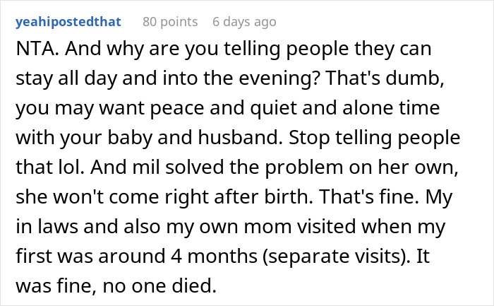 Reddit comment discussing a MIL wanting to stay over after DIL gives birth, highlighting boundaries and family visits.