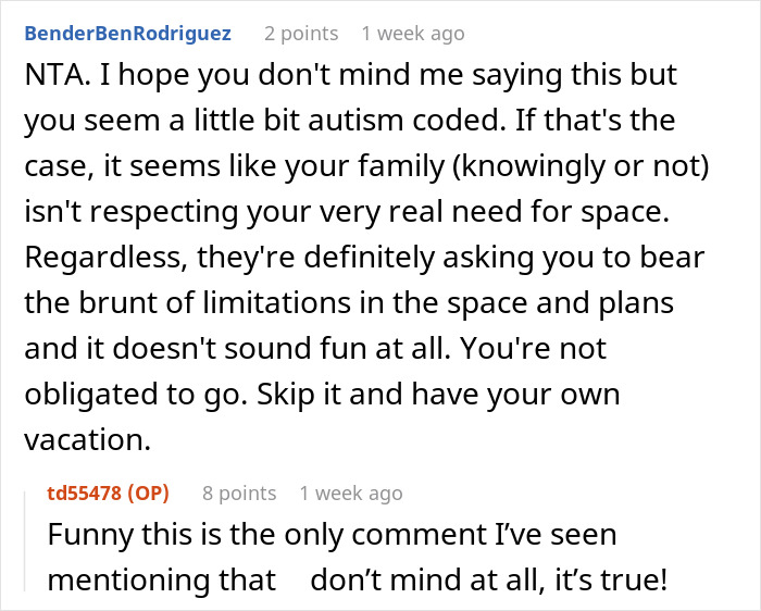 Reddit comment discussing a childfree woman's decision to opt out of a family vacation due to space and babysitting issues.