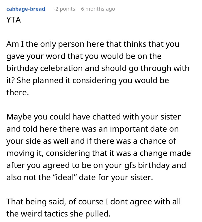 Text post discussing relationship ultimatum regarding a birthday party attendance.