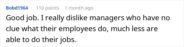 Text comment criticizing a boss’s lack of understanding of employee roles in a workplace structure.