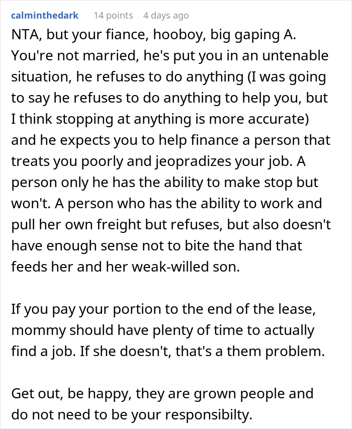 Reddit comment about a difficult mother-in-law affecting living situations.