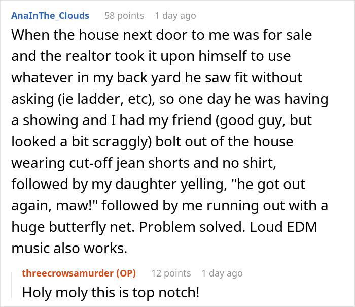 Text exchange about a realtor using a backyard without permission, ending with a humorous incident to deter buyers.