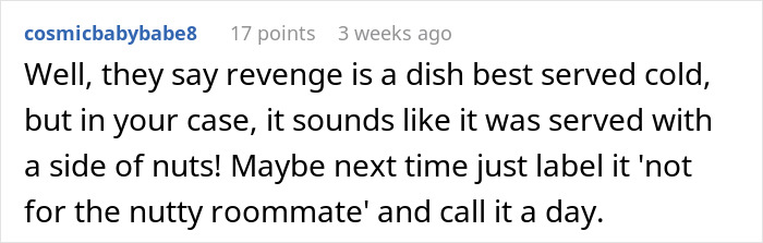 Comment about food revenge on roommate's allergies, mentioning nuts as a theme.