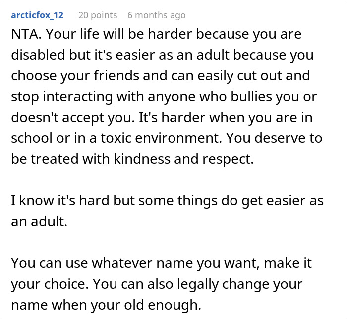 Screenshot of a Reddit comment offering advice on changing a disliked name chosen from the Bible.