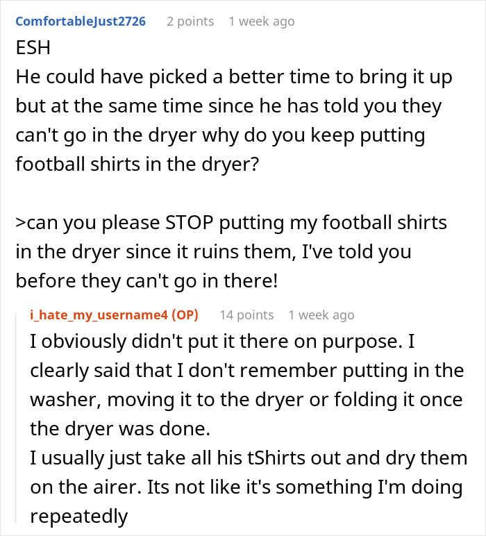 Reddit conversation about laundry issues and misplaced football shirts causing tension after surgery.