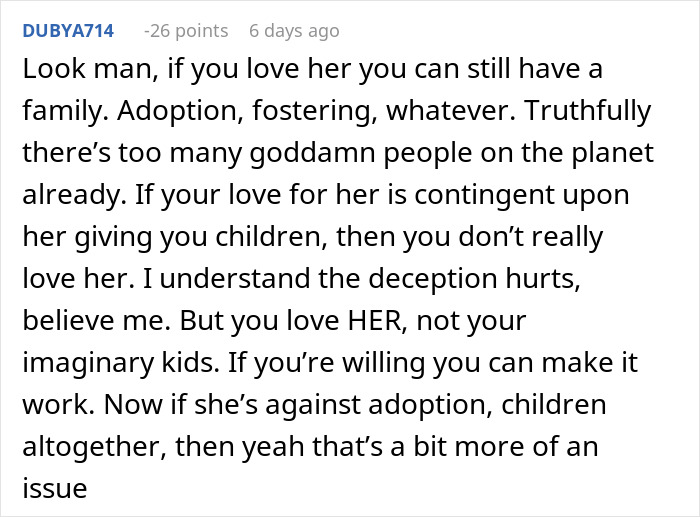 Reddit comment discussing love, adoption options, and not having children.