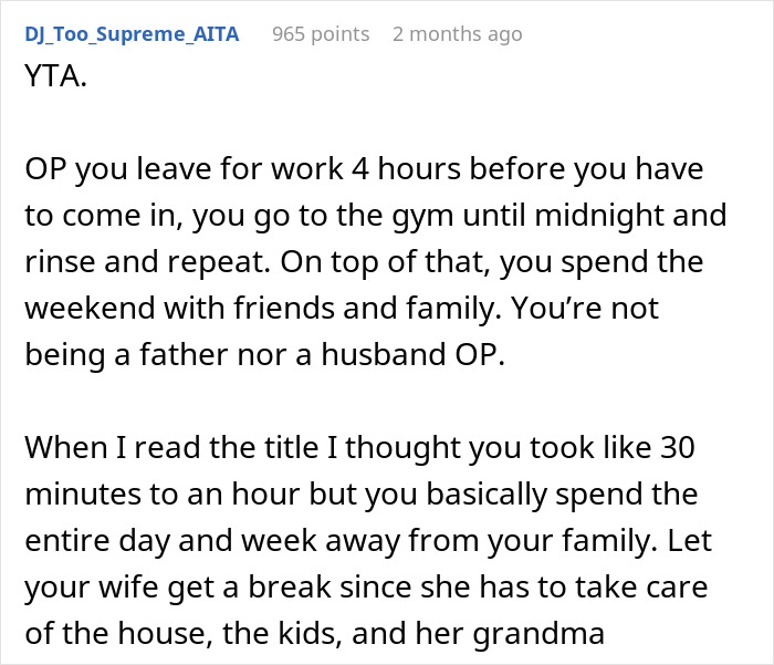 Text from online discussion about husband taking time away from family responsibilities.