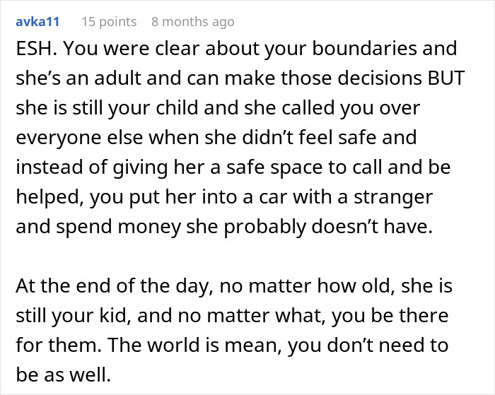 Reddit comment discussing parental decisions and anxiety during a road trip.