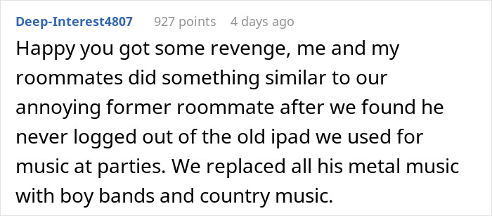 Text exchange about taking petty revenge on a former roommate by changing their music collection.