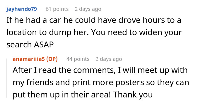 Comments discussing woman's nightmare trip and lost dog search tips.