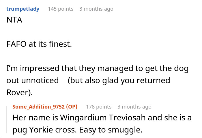 Reddit comments discussing kids smuggling a dog, a pug Yorkie cross, from a house.