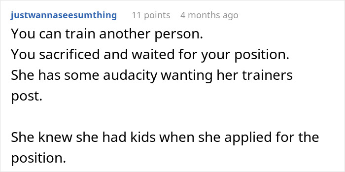 Comment discussing advice for a woman facing a colleague's threat to quit over graveyard shift conflict.