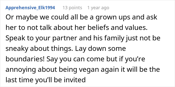 Text comment about setting boundaries with vegan family member at barbeques.