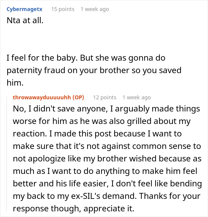 Reddit comments discussing a reaction to a paternity fraud situation involving a brother and his daughter.