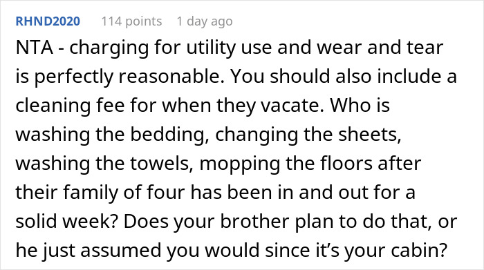 Reddit comment discussing charging family for cabin use and cleaning responsibilities.