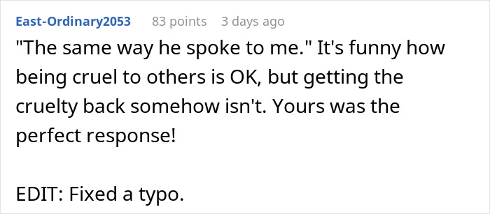 Comment highlights the irony of a man's reaction to a coworker's savage response.