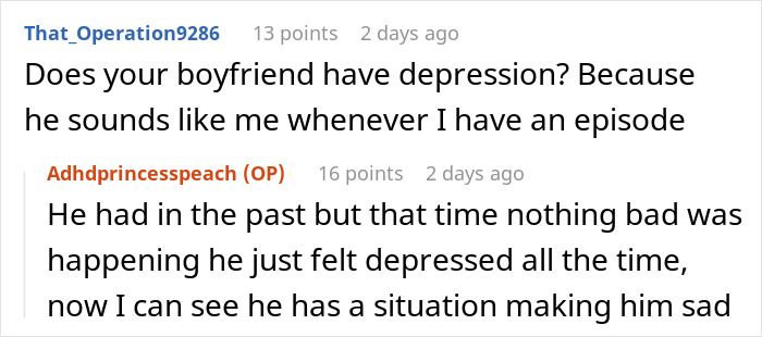 Comments discussing boyfriend's depression episodes and current situation.