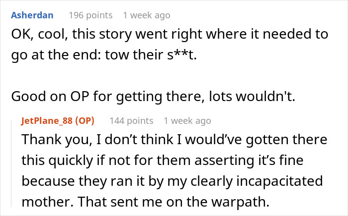 Reddit comments discuss a mom with dementia whose driveway was misused by a couple until police intervened.