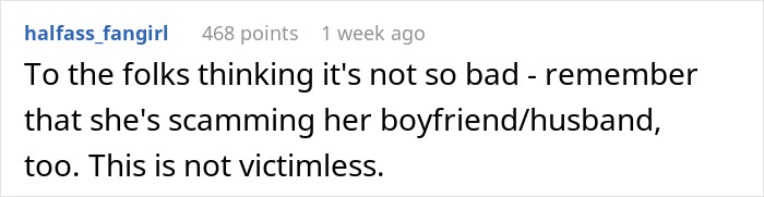 Text comment on a forum discussing a wedding scam, highlighting the impact on the boyfriend.