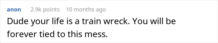 Comment highlighting a life struggle, stating, "Dude your life is a train wreck. You will be forever tied to this mess.