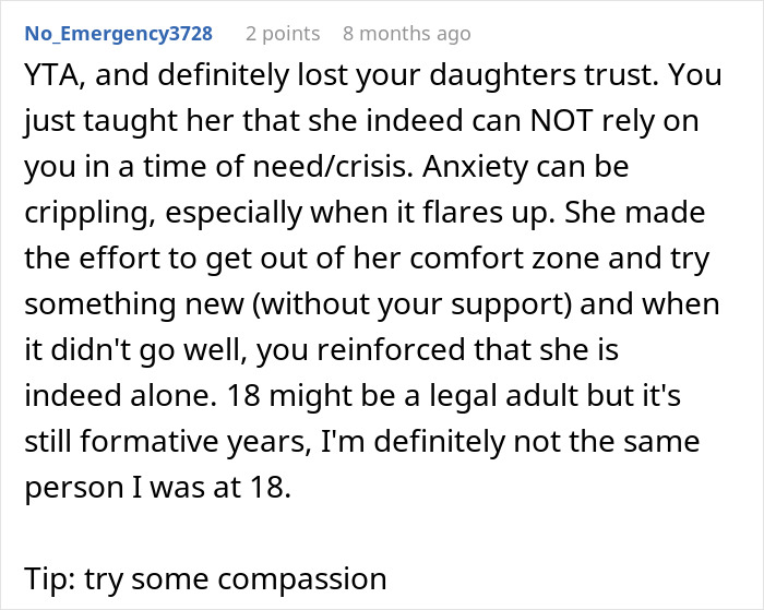 Comment discussing the impact of a parent's refusal to pick up their anxious daughter from a road trip.