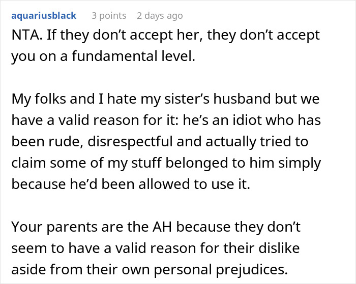 Text discussion on family conflict, addressing issues with parents disrespecting a wife, leading to a canceled party.