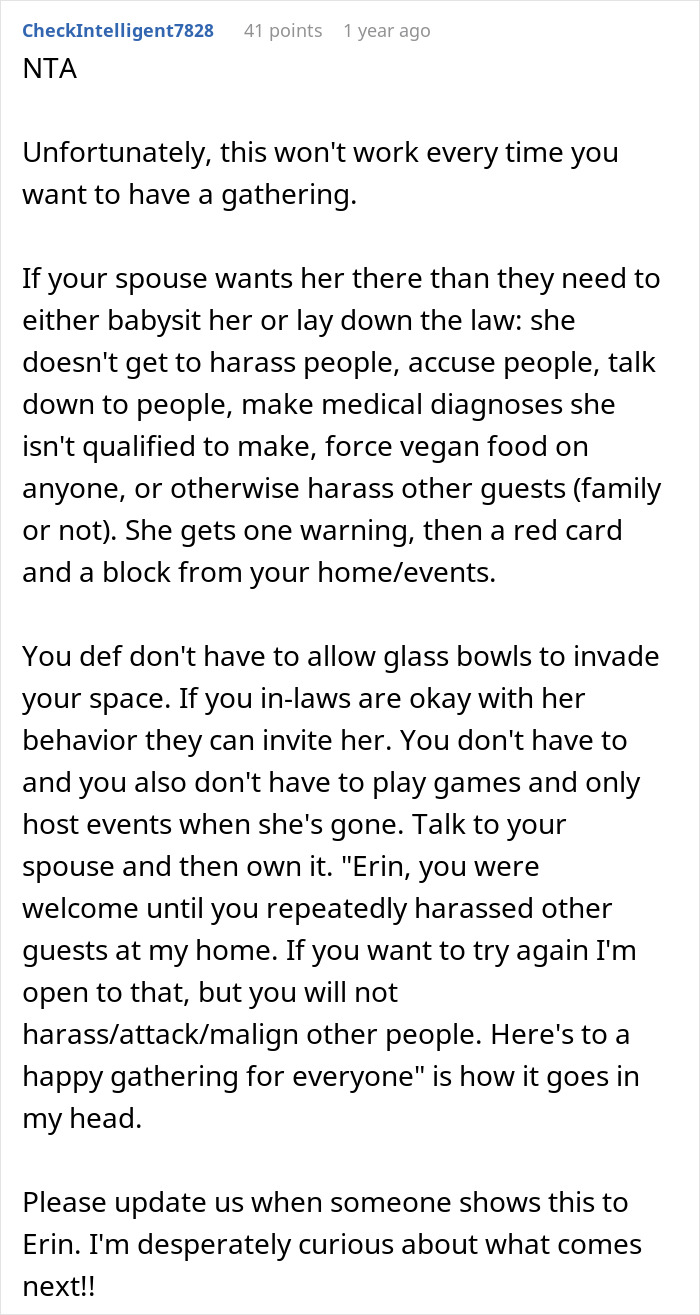 Text of an online comment addressing a vegan SIL's behavior at family gatherings.