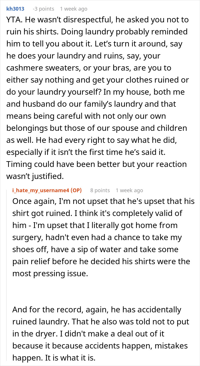 Text exchange about laundry argument after surgery, showing differing perspectives on prioritizing household chores.