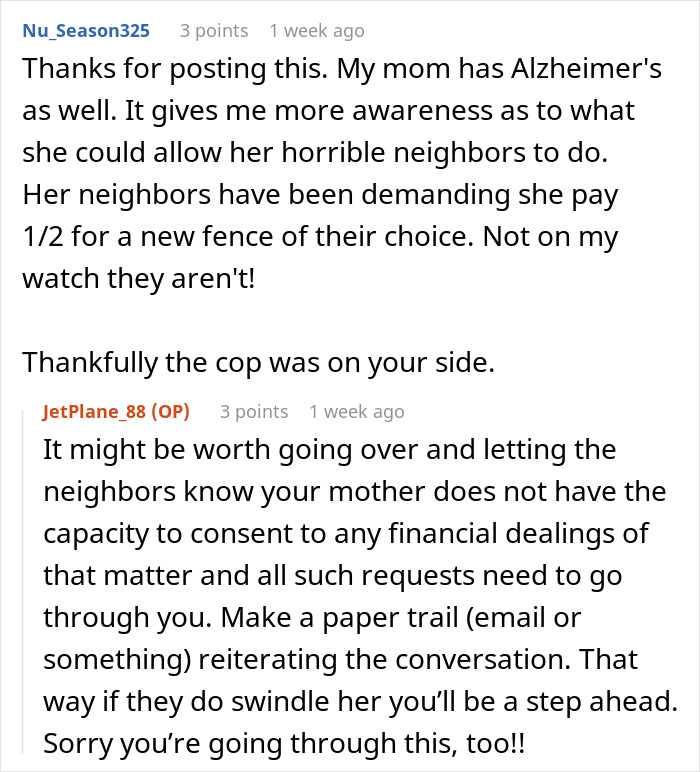 Discussion about dementia affecting a mom's decisions with neighbors, leading to police involvement.