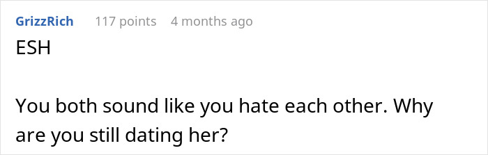 Reddit comment questioning a relationship, mentioning "ESH," suggesting mutual dislike.