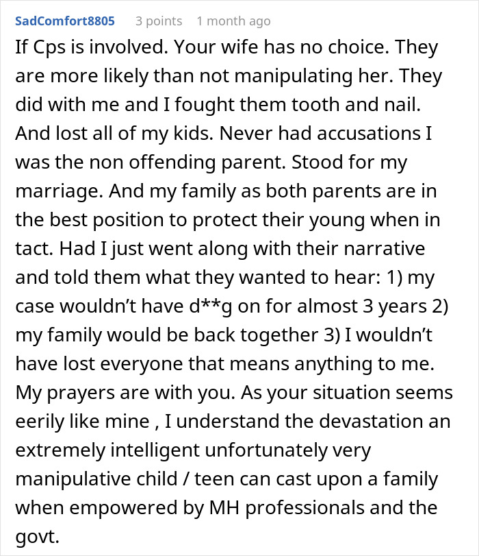 A comment offering advice on dealing with a manipulative stepdaughter's lies, highlighting family impact.