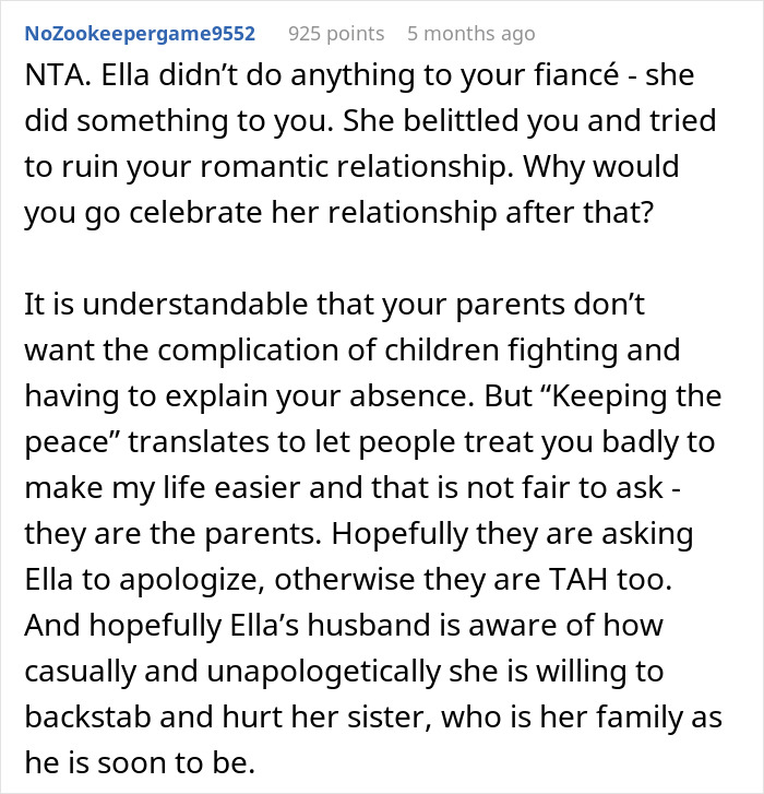 Reddit comment discussing family conflict and relationship issues regarding a sister's engagement.