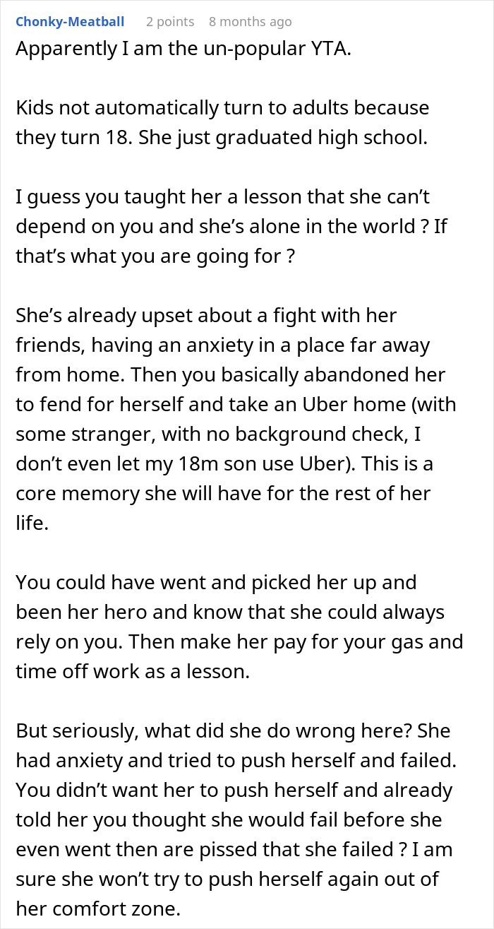 Reddit comment criticizing a parent for not picking up an anxious daughter, forcing her to pay $250 for an Uber home.