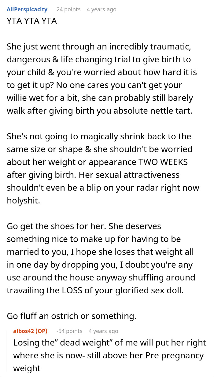 Comment criticizing a husband about his returning wife\'s shoes and post-birth struggles.