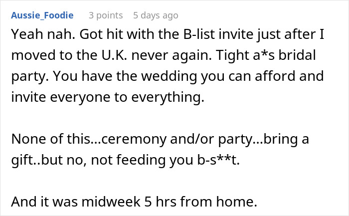 Screenshot of a social media comment discussing feeling weird about being excluded from a wedding dinner.