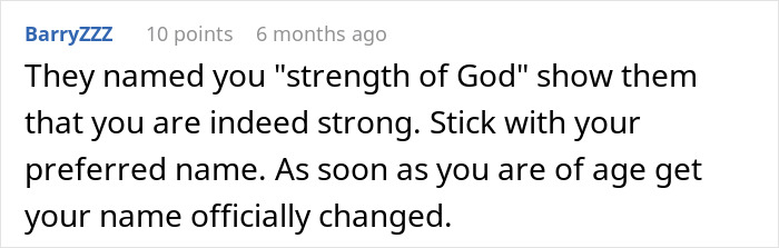 Text comment discussing a daughter's name from the Bible and advice on changing it.