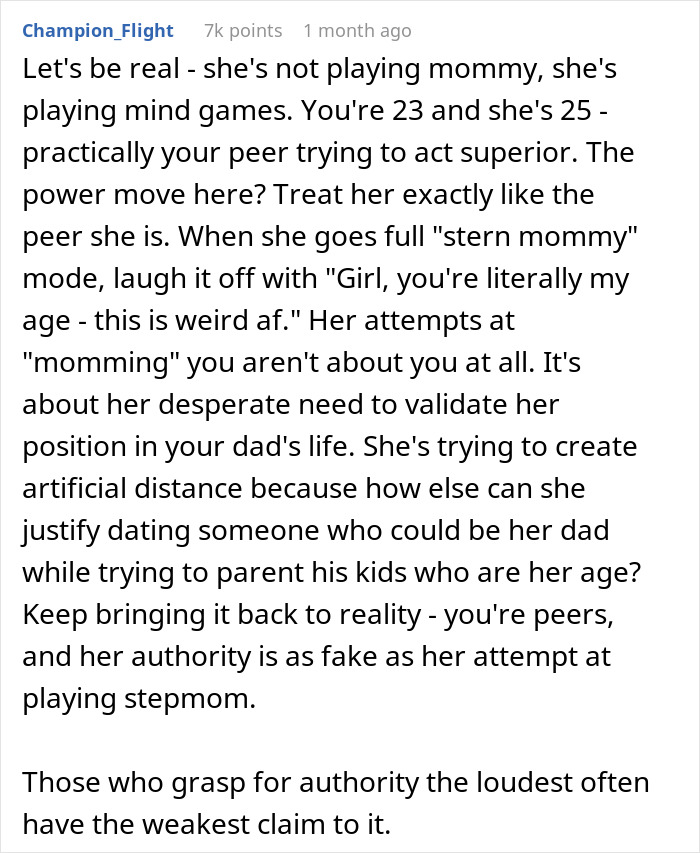 Screenshot of a comment discussing a young woman triggered by her dad’s girlfriend playing "mommy" games.