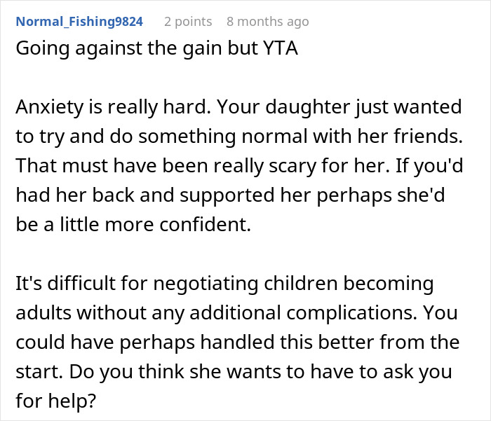 Comment discussing a parent refusing anxious daughter's request for help after road trip.