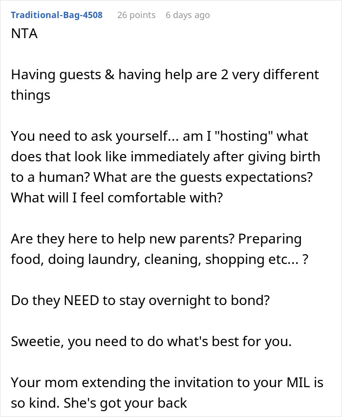 Screenshot of a Reddit comment discussing boundaries for guests after childbirth, focusing on help versus hosting.